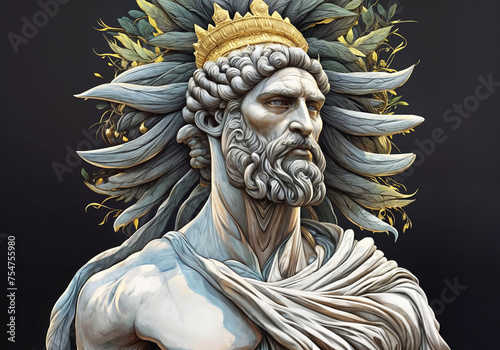 Ancient sumerian king with a gold crown looking at the horizon in dark background. Digital illustration. photo