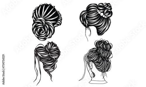 Messy bun hairstyle, isolated on white background, vector illustration. Hand drawn collection. V4