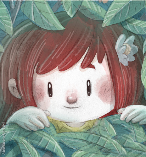Happy little girl hiding among the plants