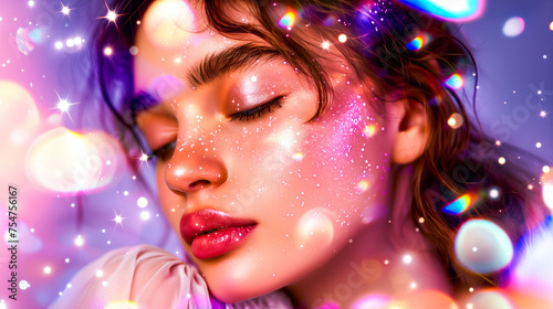 An enchanting and dreamy photo of an attractive woman with her eyes closed, surrounded by sparkling glitter that reflects the vibrant colors around it. colorful lights and stars, magical atmosphere.