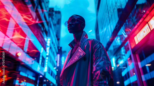 A fashion shoot of an African woman with short hair and round glasses standing in the streets, surrounded by neon lights, wearing oversized with futuristic vibes.