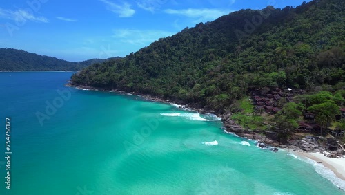 long beach turquoise water jungle island. Magic aerial top view flight drone photo