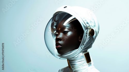 A beautiful black woman in an astronaut helmet against a white background in a futuristic style for fashion photography photo