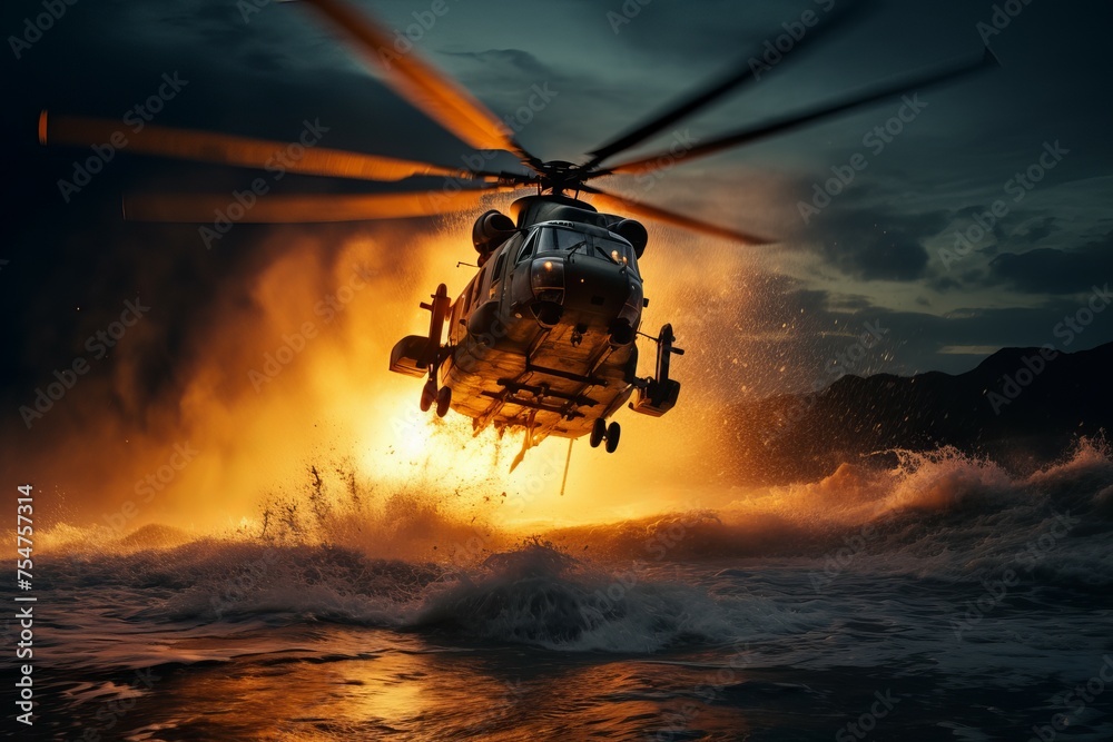 Deafening Military helicopter fire splash. Game aviation. Generate Ai Deafening Military helicopter fire splash. Game aviation. Generate Ai