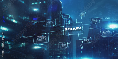 SCRUM. Development methodology, programming and application design technology concept on city background