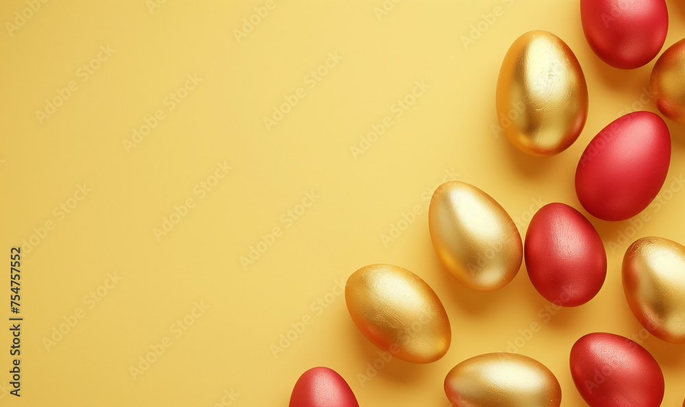 Wallpaper for Easter card invitation, with red and gold easter eggs on yellow background with copy space
 - obrazy, fototapety, plakaty 