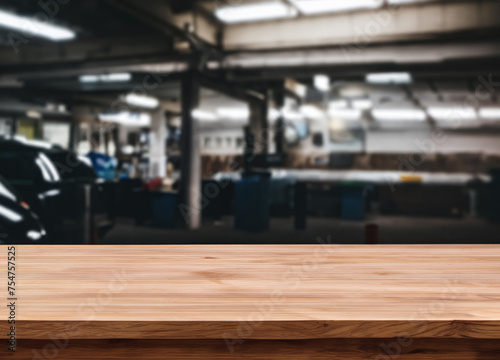 Wood table for product display in front of blurred factory garage