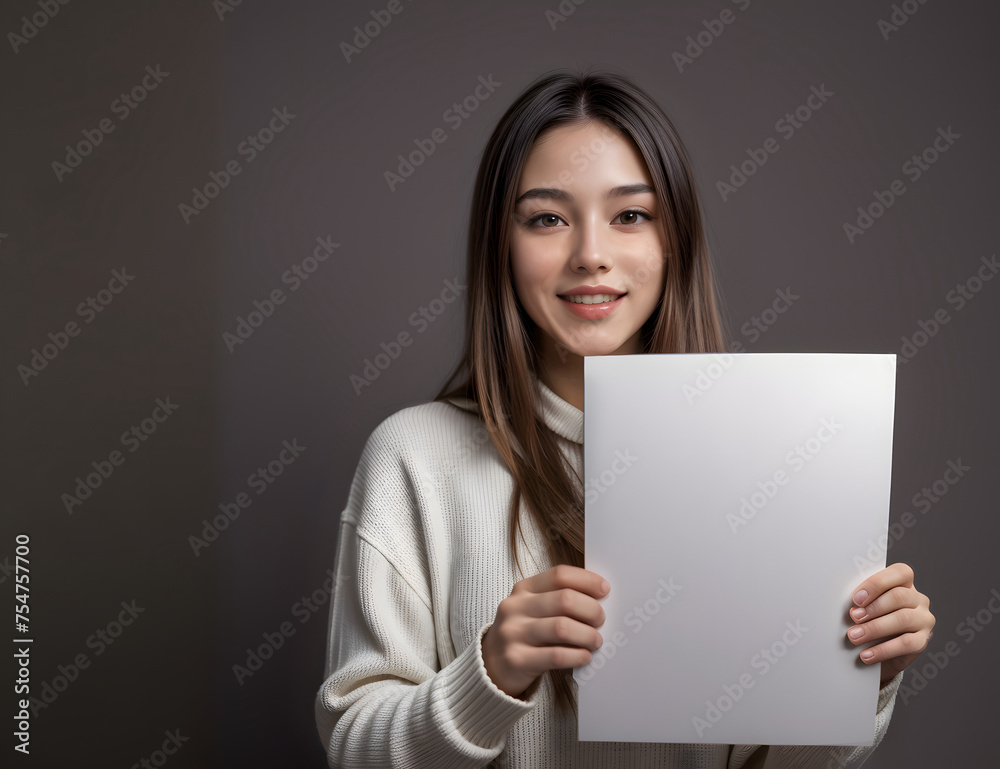 A lady holds a blank white paper sign use for fill in with various messages or symbols. Concept for marketing and various services A lady holds a blank white paper sign use for fill in with various messages or symbols. Concept for marketing and various services