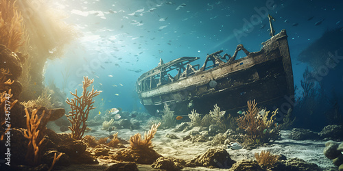Abandoned ship at the bottom of the sea underwater in the sun's rays and a colorful multi-colored bright coral reef background