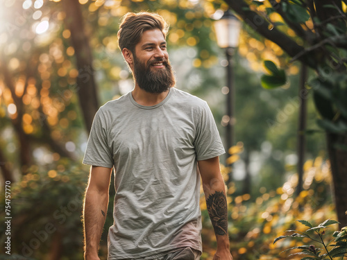 Gray short sleeves T-shirt mockup on a bearded hipster guy in his 30s, park and nature background summer 