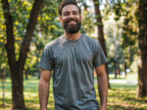 Gray short sleeves T-shirt mockup on a bearded hipster guy in his 30s, park and nature background summer 