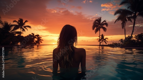  A woman with long hair stands in a pool at sunset, surrounded by palm trees and an endless ocean