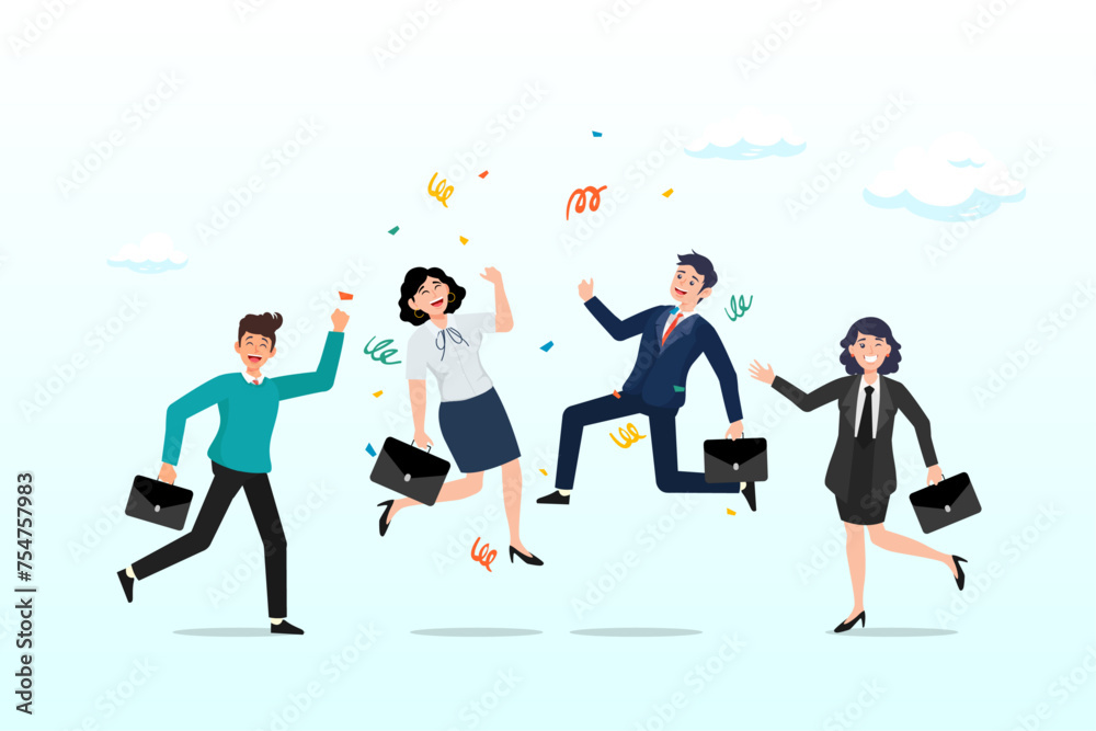Business people office worker jump to celebrate success, happy office workers, joyful staff or employee success, team or colleague celebrate work achievement together, diverse, excited people (Vector)