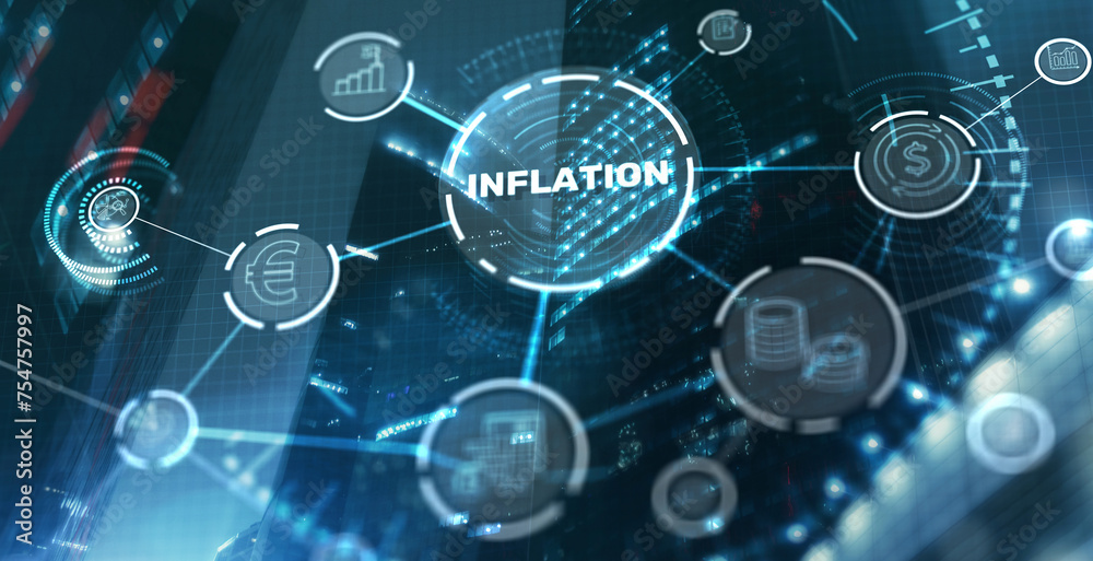 Inscription Inflation on virtual screen. Sustained increase in the general level of prices for goods and services