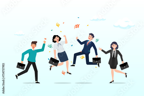 Business people office worker jump to celebrate success, happy office workers, joyful staff or employee success, team or colleague celebrate work achievement together, diverse, excited people (Vector)