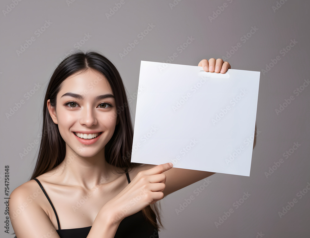 A lady holds a blank white paper sign use for fill in with various messages or symbols. Concept for marketing and various services A lady holds a blank white paper sign use for fill in with various messages or symbols. Concept for marketing and various services