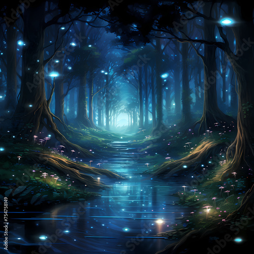 Ethereal moonlit forest with fireflies.