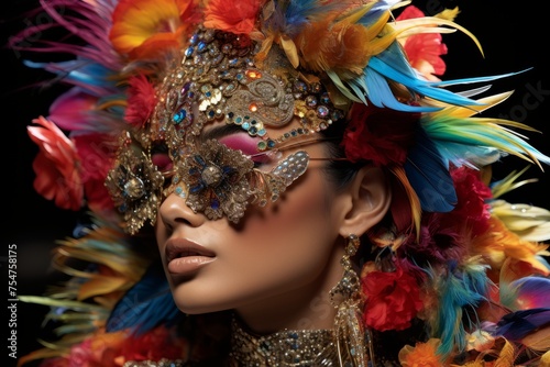 Woman in ornate mask and vibrant feathered headdress posing glamorously