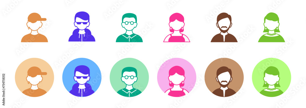 Fototapeta premium Collections of colorful icons of people. Profile icon, simple and cute human icon.
