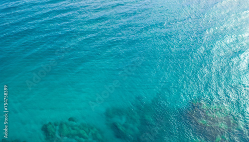 Blue turquoise sea water background. Aerial view, copy space for your text