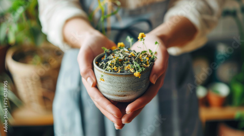 A craftsman presents a bowl of mixed dried herbs in a pottery bowl with a homely atmosphere photo