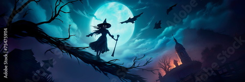 witch on a broomstick during Halloween night. Generative AI