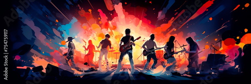 Energetic risographic illustration of a music band performing on stage, with dynamic movements and electrifying atmosphere. Generative AI © Лилия Захарчук