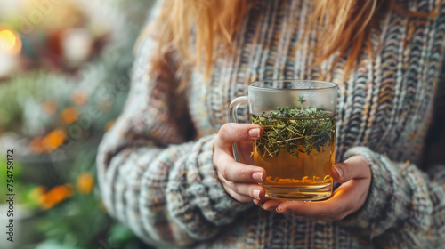 A woman's hands display a clear cup filled with freshly steeped herbal tea, evoking warmth photo
