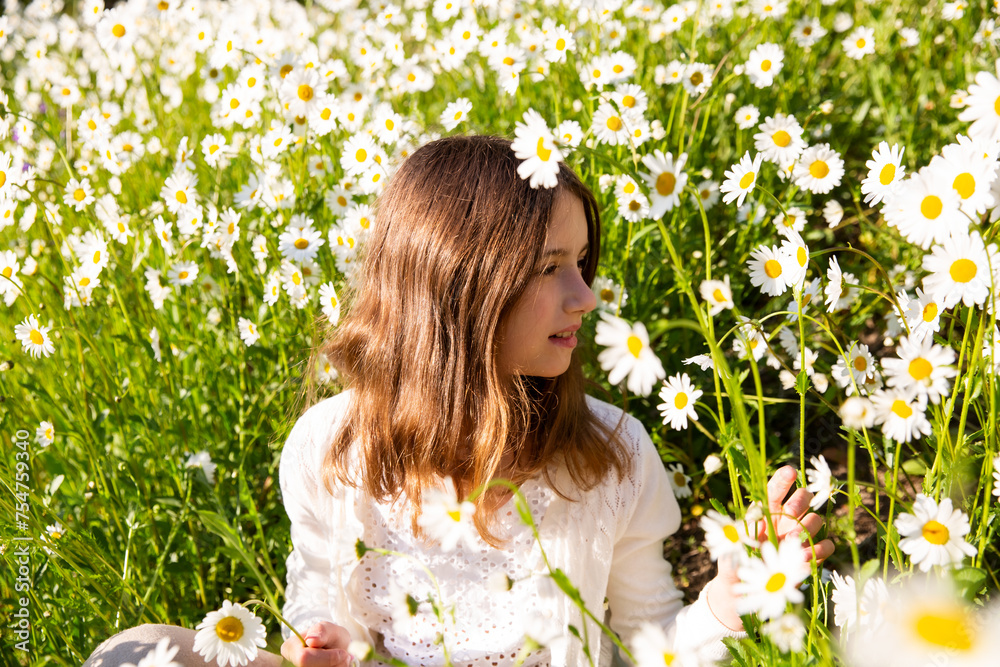 Girl sitting on a meadow covered with wild flowers. Background of field of daisy flowers in bloom. Sunny summer day, rays of light. Summer vacation concept Girl sitting on a meadow covered with wild flowers. Background of field of daisy flowers in bloom. Sunny summer day, rays of light. Summer vacation concept