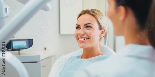 happy female patient checking her smile after brushing her teeth, consulting a dentist. Generative Ai