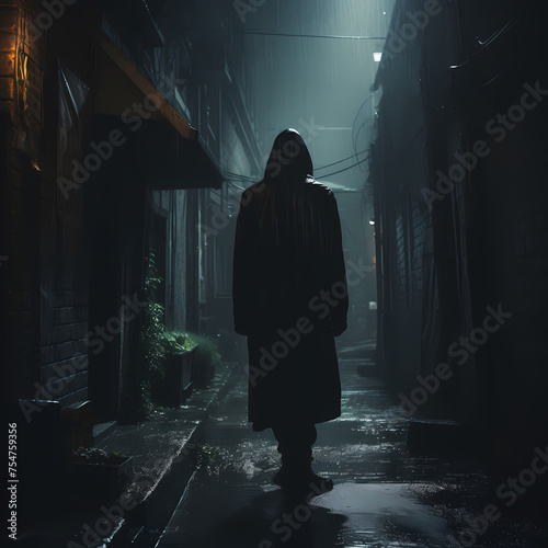 Mysterious hooded figure in a dark alley. 