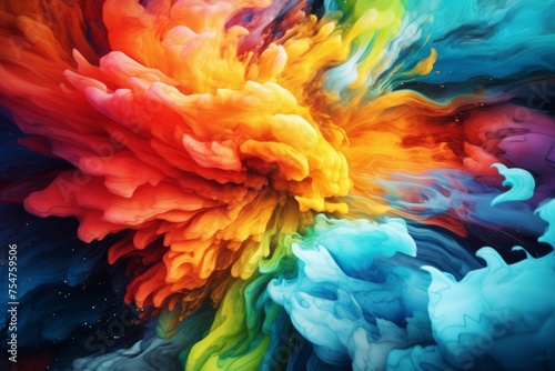 Vibrant abstract ink explosion, colors in liquid, artistic background. Creativity, color theory, fluid dynamics.