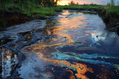 A polluted river delta with oil slicks and chemical runoff