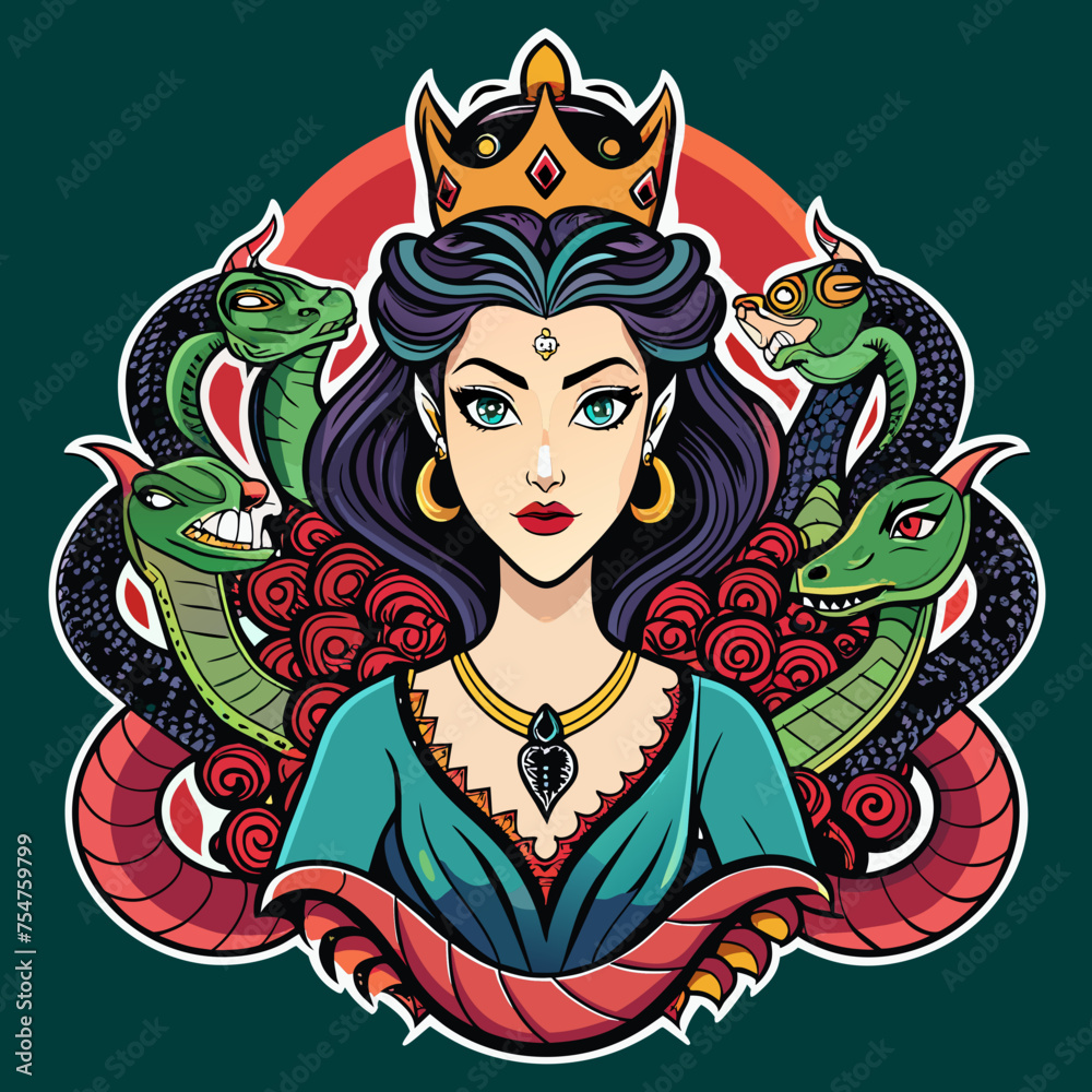 Tshirt Sticker of a Slay with Serpents Venomous Vibes Only - Capture the essence of empowerment with a sticker featuring a confident beautiful Queen horror girl surrounded by coiling anacondas