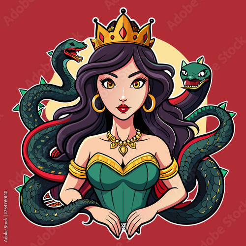 Tshirt Sticker of a Slay with Serpents Venomous Vibes Only - Capture the essence of empowerment with a sticker featuring a confident beautiful Queen horror girl surrounded by coiling anacondas