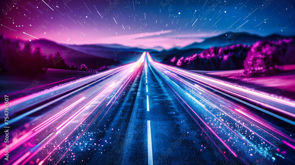 Night Highway Scene with Moving Traffic Lights, Speed and Motion on Urban Road, City Transportation Night Highway Scene with Moving Traffic Lights, Speed and Motion on Urban Road, City Transportation