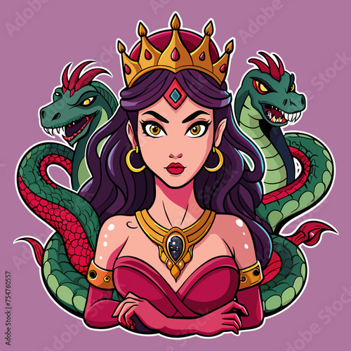 Tshirt Sticker of a Slay with Serpents Venomous Vibes Only - Capture the essence of empowerment with a sticker featuring a confident beautiful Queen horror girl surrounded by coiling anacondas