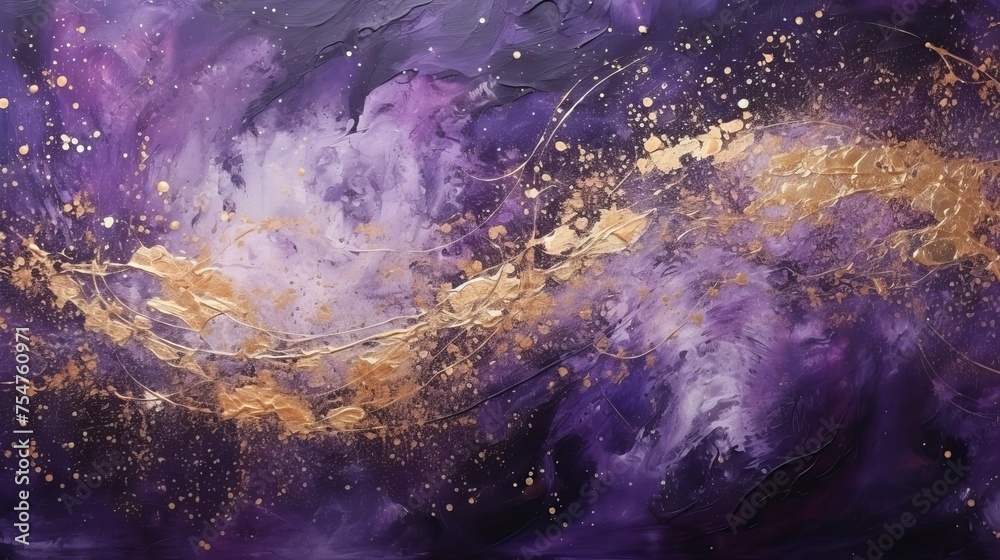 Against a dark backdrop, streaks and waves are sprinkled with purple and gold sparkles, showcasing contemporary creativity with a colorful avant-garde painting.