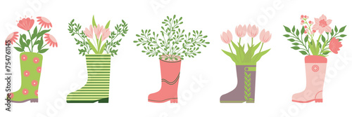 Flowers in wellies horizontal poster/ banner. Trendy vector rain boots and florals. Modern illustration design for web and print. Spring and easter holiday concept. Beautiful different kid wellies.
