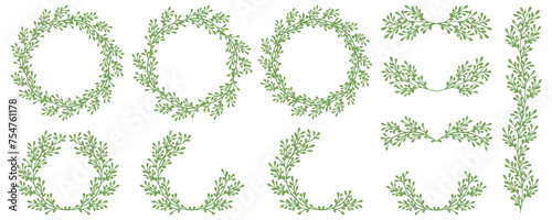 Luxury botanical green frame elements on white background. Set of round shapes, eucalyptus leaves, leaf branches. Elegant foliage design for wedding, cards, invitations, congratulations