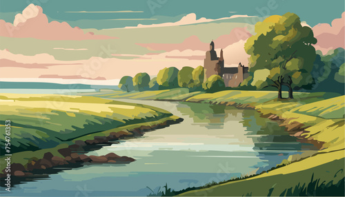 Scotland landscape with river and house