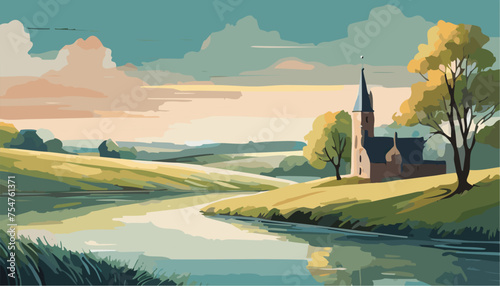 Scotland landscape with river and house