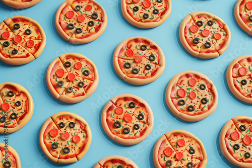 Seamless pattern of illustrated pepperoni pizzas with olives on a blue background, ideal for food concept designs or culinary event promotions, with copy space