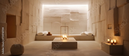 The room is softly lit by candles scattered around the salt block walls of a spa. The warm glow enhances the relaxing ambiance  creating a soothing environment for visitors.