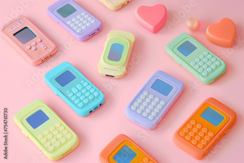 Assorted pastel-colored retro mobile phones and heart shapes on a pink background with copy space, conveying a nostalgic technology concept or telecommunications background