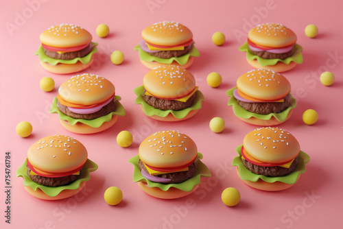 Colorful pattern of stylized cartoon burgers with yellow balls on a pink background, ideal for playful food-themed designs with copy space