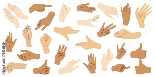 Set of hands in doodle style isolated human hands. Vector different hand positions	