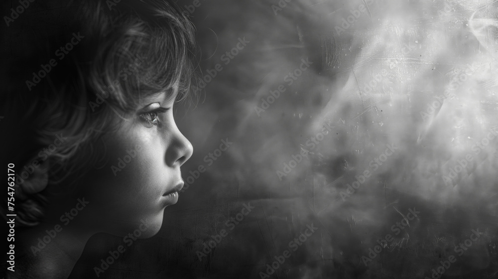 Side profile of a thoughtful child with abstract smoky background in monochrome, ideal for concepts of childhood, contemplation, and mystery, with copy space for text
