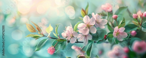 Spring flowers as an abstract floral backdrop. Space for text, wide panorama, banner. 