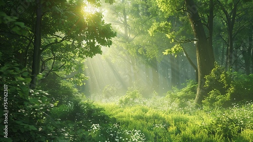 Morning Sunlight Piercing Through Verdant Forest A tranquil forest basks in the morning light  with sunbeams piercing through the rich green foliage  highlighting a carpet of soft wildflowers.  